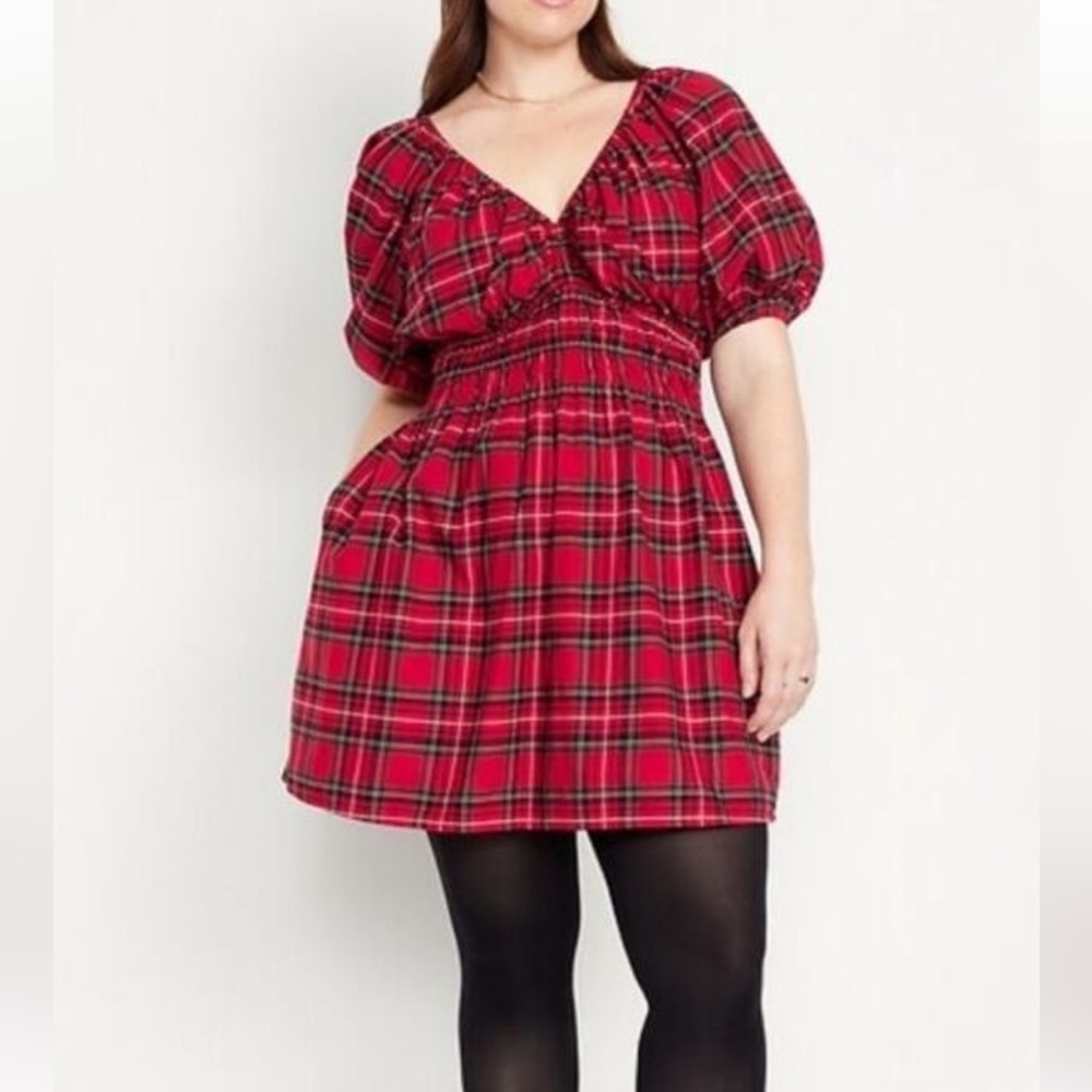 Old Navy Smocked Back Tie Neck Puff Sleeve Plaid Red Dress XL